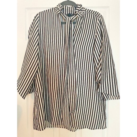 Kenneth cole blouse tunic size Medium Black Stripe tie collar split sleeves - Picture 1 of 9